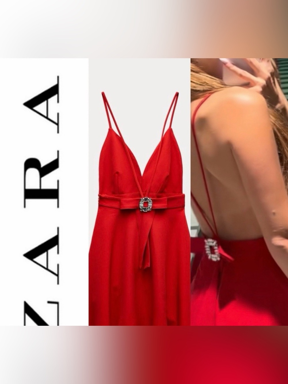 Zara blogger Fav Red Spaghetti-Strap Dress with Rhinestone brooch Bow